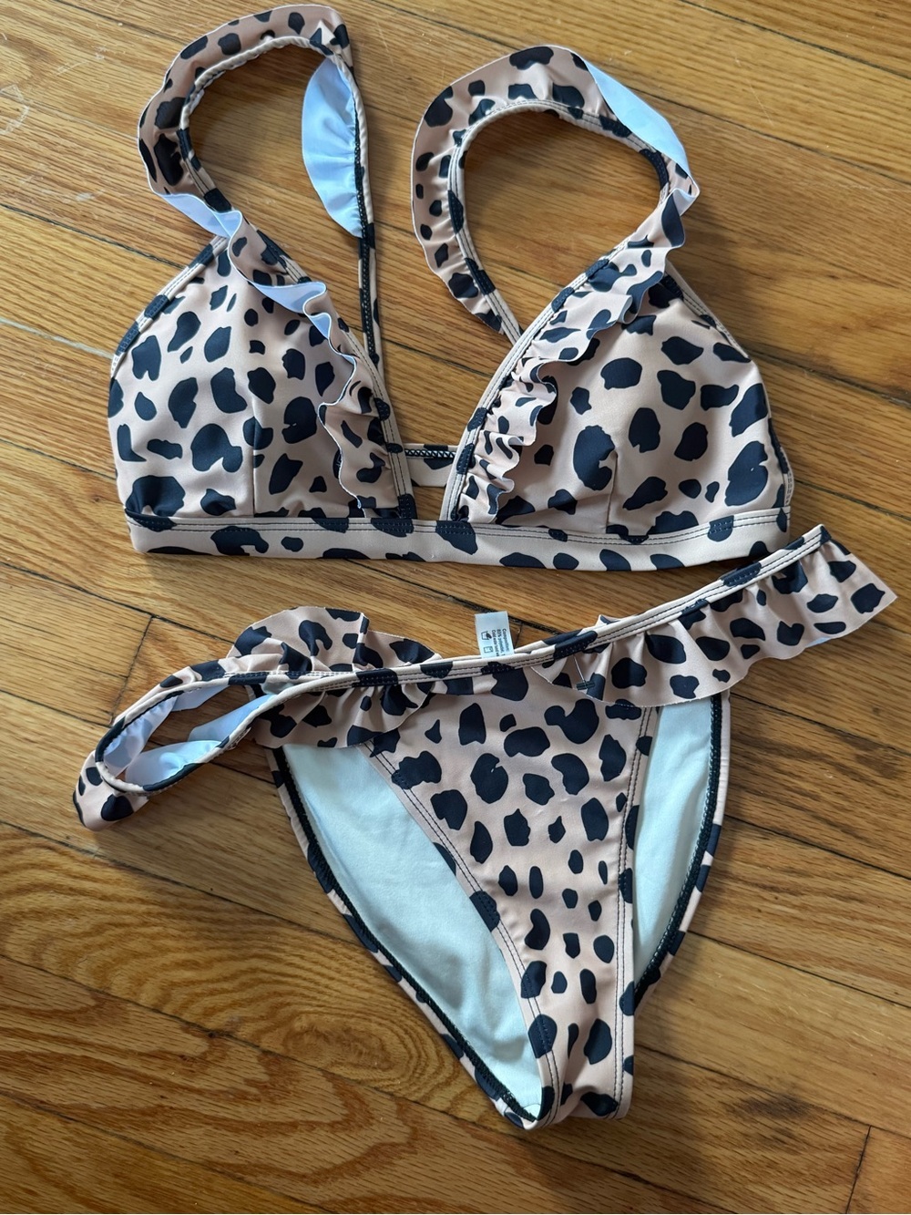 Marina West Leopard Print Ruffle Bikini Set - Beige & Black Size Medium